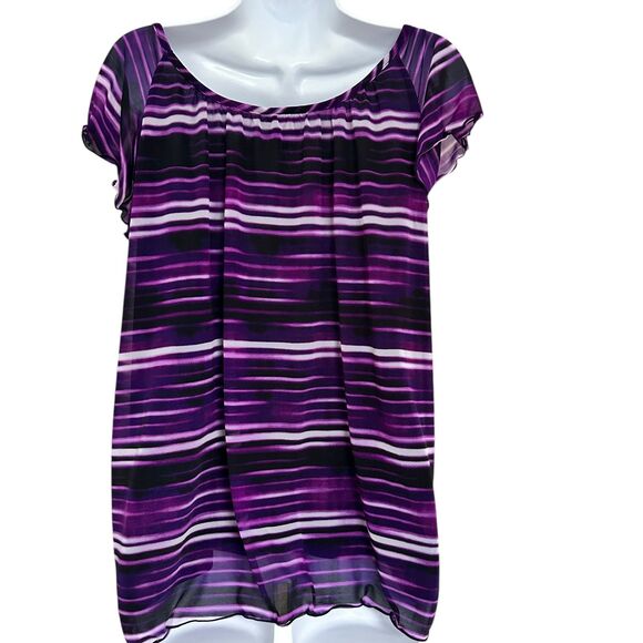 Worthington Purple Black White Striped Flutter Sleeve Top Blouse Size XL - Picture 5 of 8